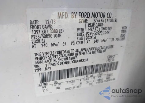 2014 Ford Explorer Xlt из США, поврежденный, VIN 1FM5K8D89EGB35325